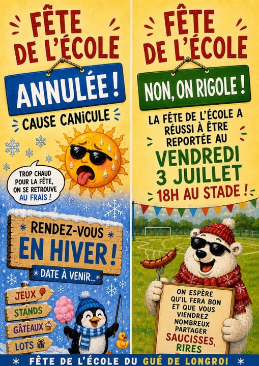 Peut être une image de texte qui dit ’FÊTE DE L'ÉCOLE ANÑULÉE! CAUSE CANICULE FÊȚE DE L'ÉCOLE NON, ON RIGOLE! LA FÊTE DE L'ÉCOLE A RÉUSSI À ÊTRE REPORTÉE AU VENDREDI 3 JUILLET 18H AU STADE!- TROP CHAUD POUR LA FÊTE, ON SE RETROUVE AU FRAIS RENDEZ-VOUS VOUS EN HIVER! DATE À VENİR... JEUX STANDS GÂTEAUX 含磨品的 ON ESPÈRE QU'IL FERA BON ET QUE VOUS VIENDREZ NOMBREUX PARTAGER SAUCISSES LOTS RIRES FÊTE DE L'ÉCOLE DU GUÉ DE LONGROI’